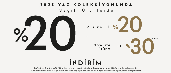  Seçili Kadın Ürünlerinde %20, 2 Ürüne +%20, 3 ve Üzeri Ürüne +30 İndirim
