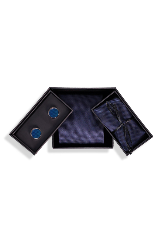 Kravat Mendil Kol Düğmesi Lacivert Set - SARAR