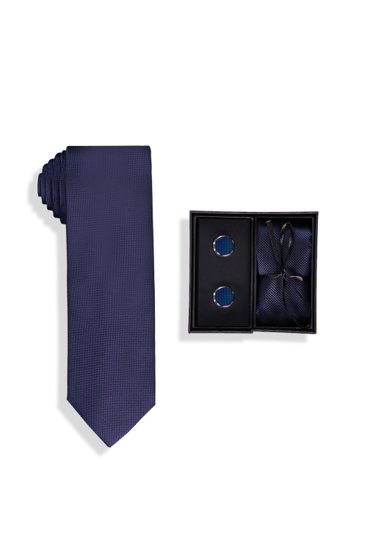 Kravat Mendil Kol Düğmesi Lacivert Set - SARAR