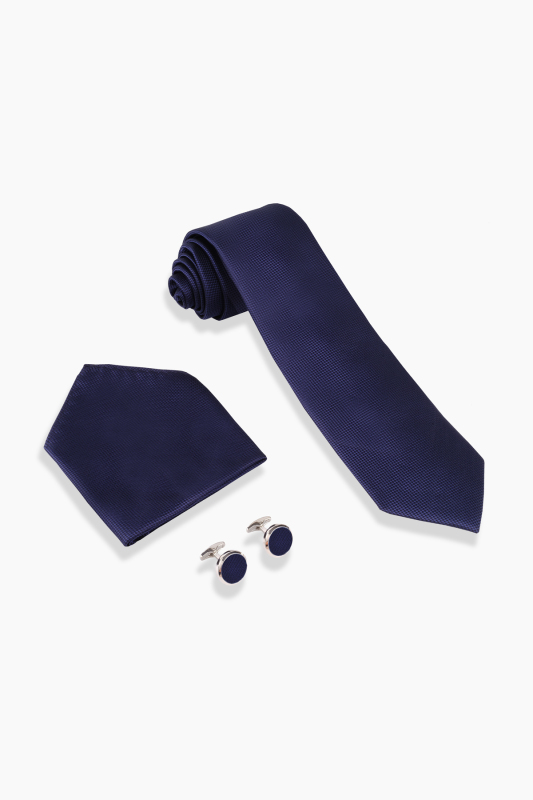 Kravat Mendil Kol Düğmesi Lacivert Set - SARAR