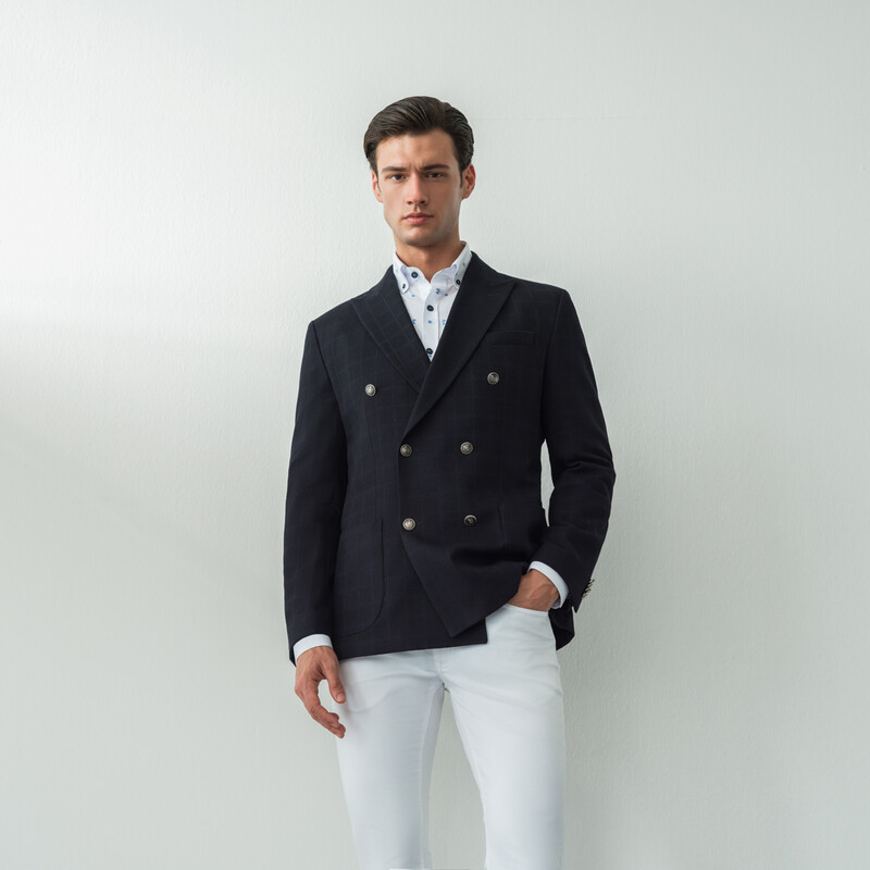 Thita Slim Fit Koyu Lacivert Kareli Ceket - SARAR